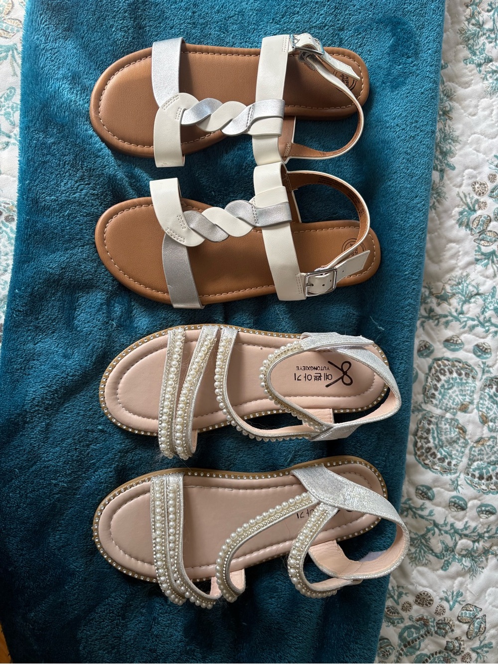 Girls' White and Silver Pearl-Trim Sandals - Kids Shoes